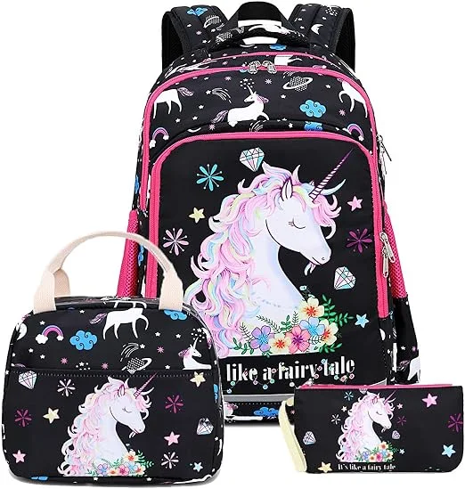 Girly School Bag with Insulated Lunch Tote and Pencil Pouch