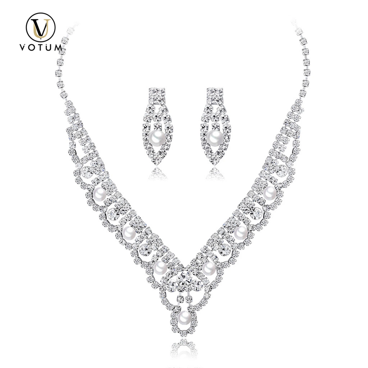 Votum OEM S925 Silver Gold Plated Moissanite Diamonds Pearl Earring Necklace Set Jewelry