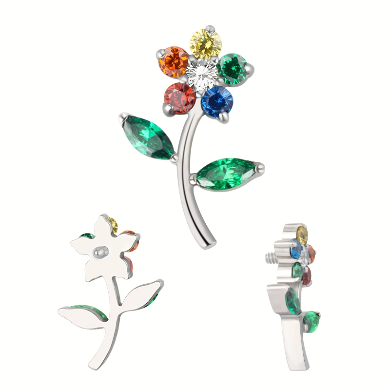 Gzn Newest Fashion G23 Titanium Piercing Jewelry CNC Set CZ Colorful CZ Flower 16g Internally Threaded Labret Top