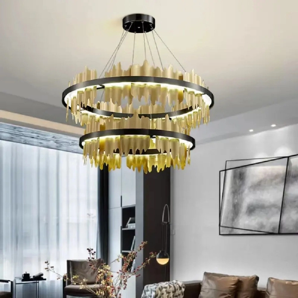 Decoração moderna em casa de luxo LED em anel circular leve pendente preto Candeeiro de iluminação interior lustre Crystal