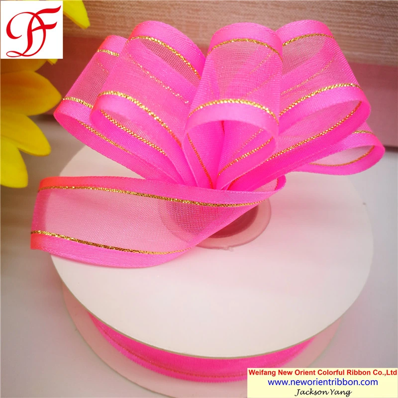 China Exporter/Manufacturer 100% Nylon Metallic Edges Satin Edge Organza Ribbon for Gifts/Wedding/Wrapping