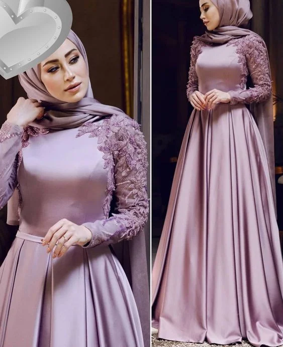 Pink Purple Muslim Party Prom Gowns Long Evening Dresses P2219