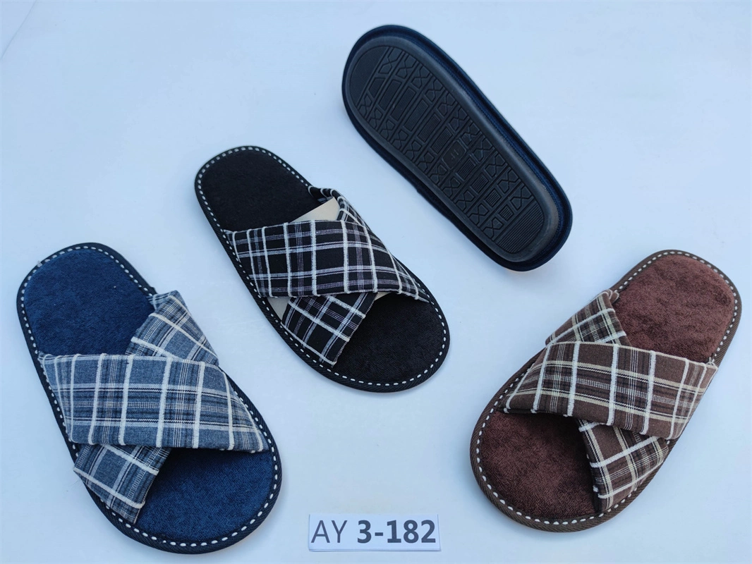 2023 Newest Summer Tartan Upper Terry Insole Overlapping Bandage Open Toed Men Indoor Pantofle Slippers