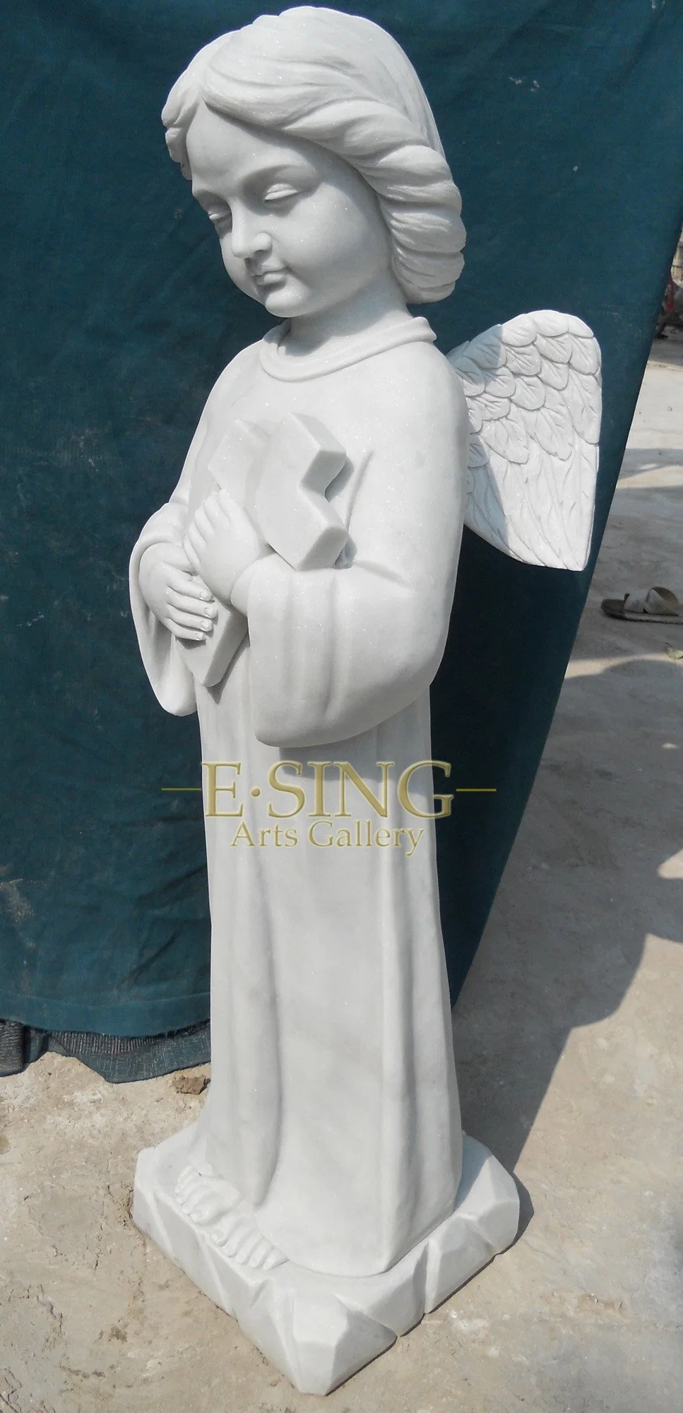 Life Size Natural White Marble Cemetery Angel with Wings Sculpture for Graveyard Decoration