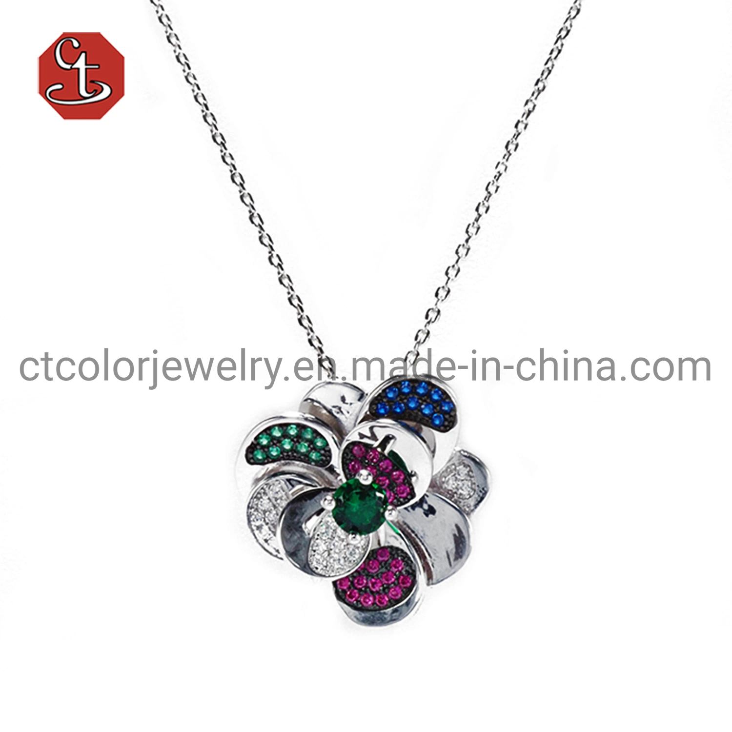 Blumen Anhänger Silber Schmuck Sets Grün / Saphir / Rubin CZ Halskette