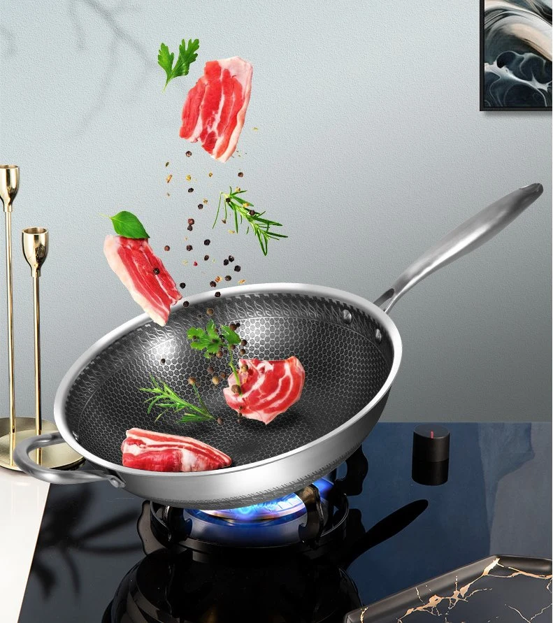 En forma de panal de doble cara 316 Acero Inoxidable acero Non-Stick Three-Layer Wok, sartén