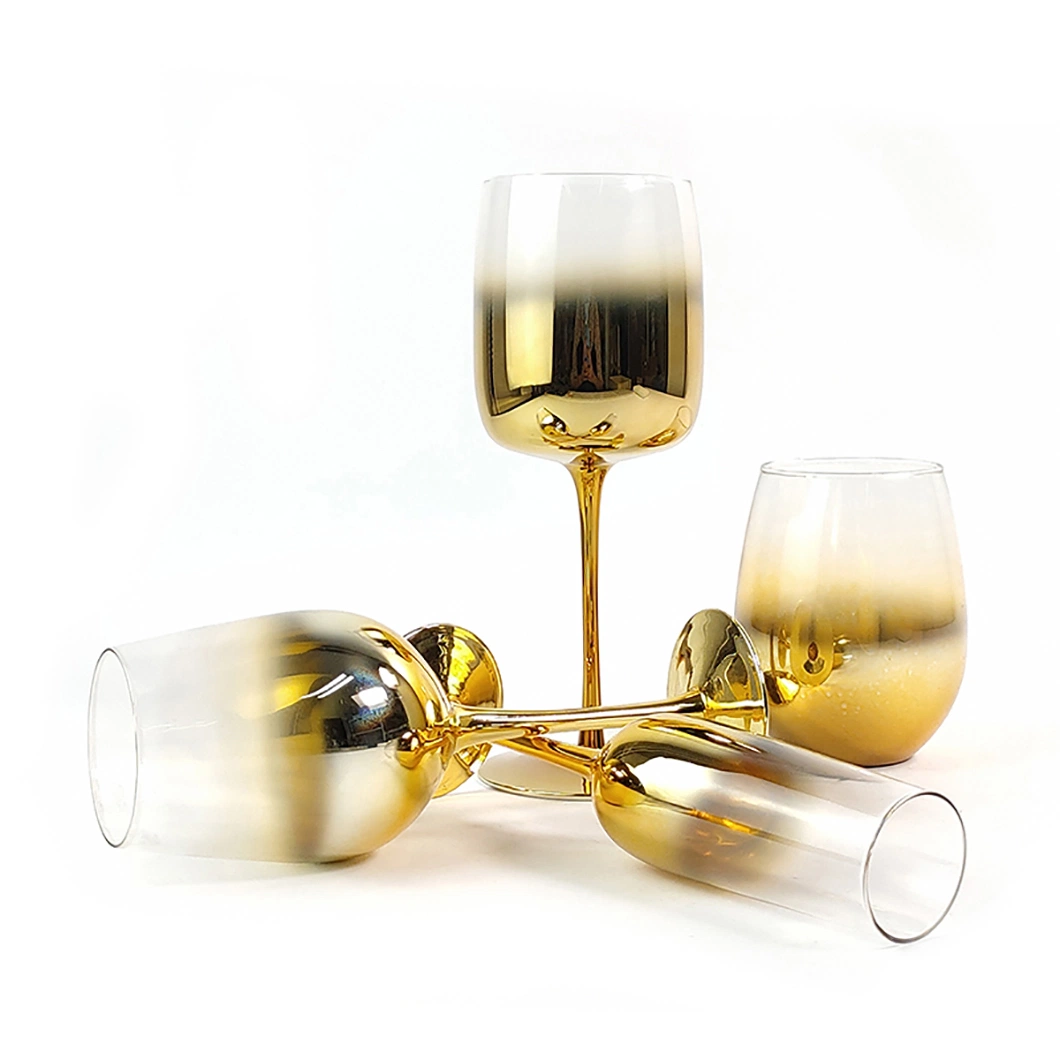 Hot Sale Hand Made Soda Lime Luxury Reusable Wine Glassware Set with Gradient Gold Color Electroplating