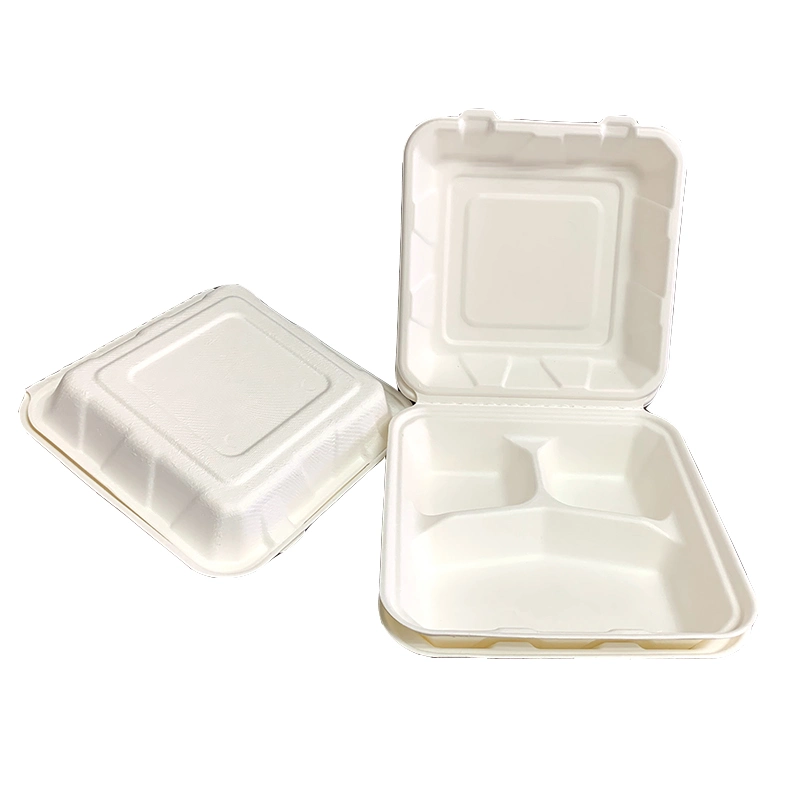 Canne à sucre pâte à takeout emballage alimentaire 3 compartiments boîte jetable autoclavable Bac à nourriture jetable en papier avec compartiments