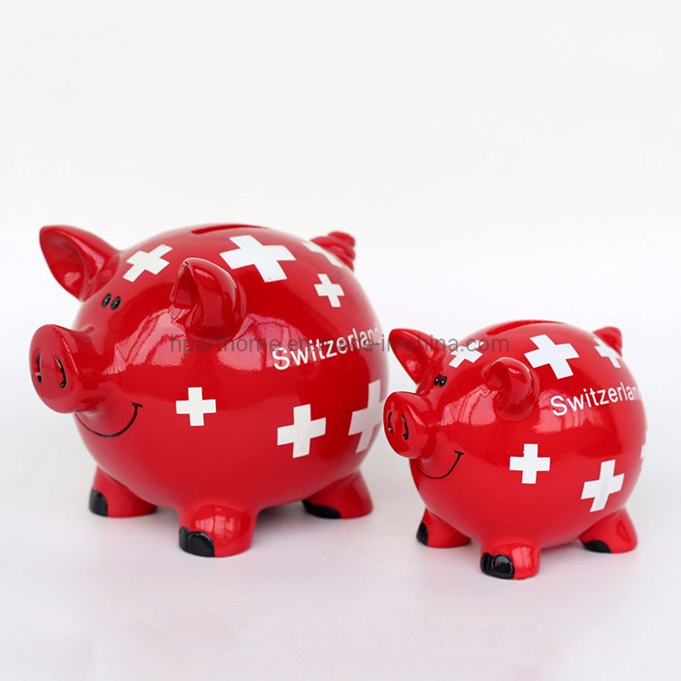 Customized Switzerland Glossy Red Color Resin Lovely Piggy Money Box