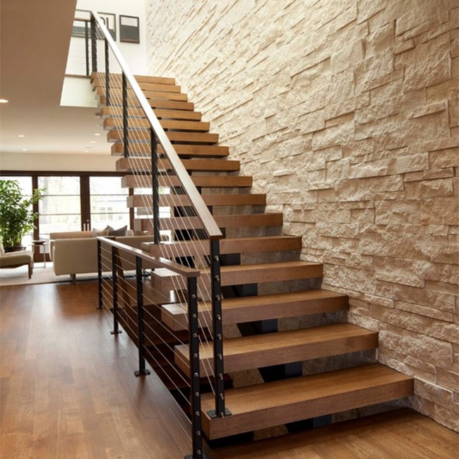 Prima Home Decoration Steel and Wood Straight Staircase with Glass Railing for Villa or Apartment