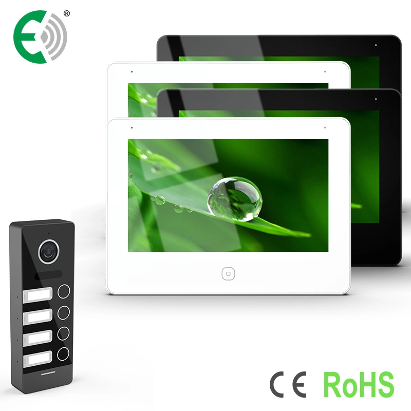 4-Wire HD 7"Touch Screen Intercom Video Doorphone Monitor and Doorbell for 4 Family