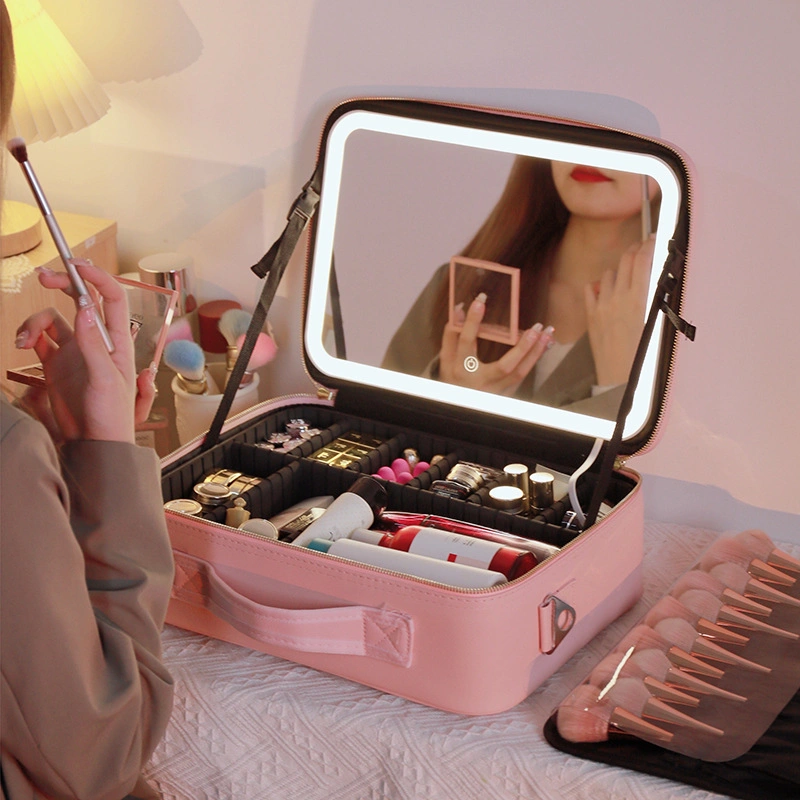 Travel Train Make-up-Fall mit LED-Spiegel Multifunktion einstellbare Helligkeit Beauty Box Aufbewahrungstasche für Körperpflege Geschenk Frauen