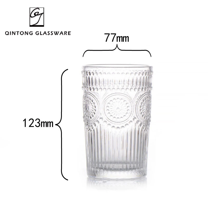 Factory 13oz 380ml Retro Embossed Cup Transparent Sunflower Wine Coffee Water Glass Cup Mug Tumbler for Bar