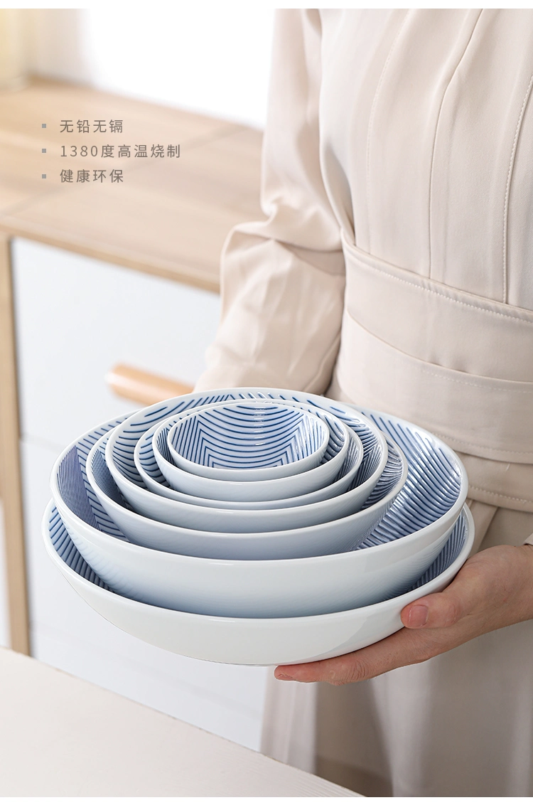 OEM Stamp Printing Design Ceramic Blue Porcelain Kitchen Utensil Bowl Dish Dinner Plate Dinnerware Sets