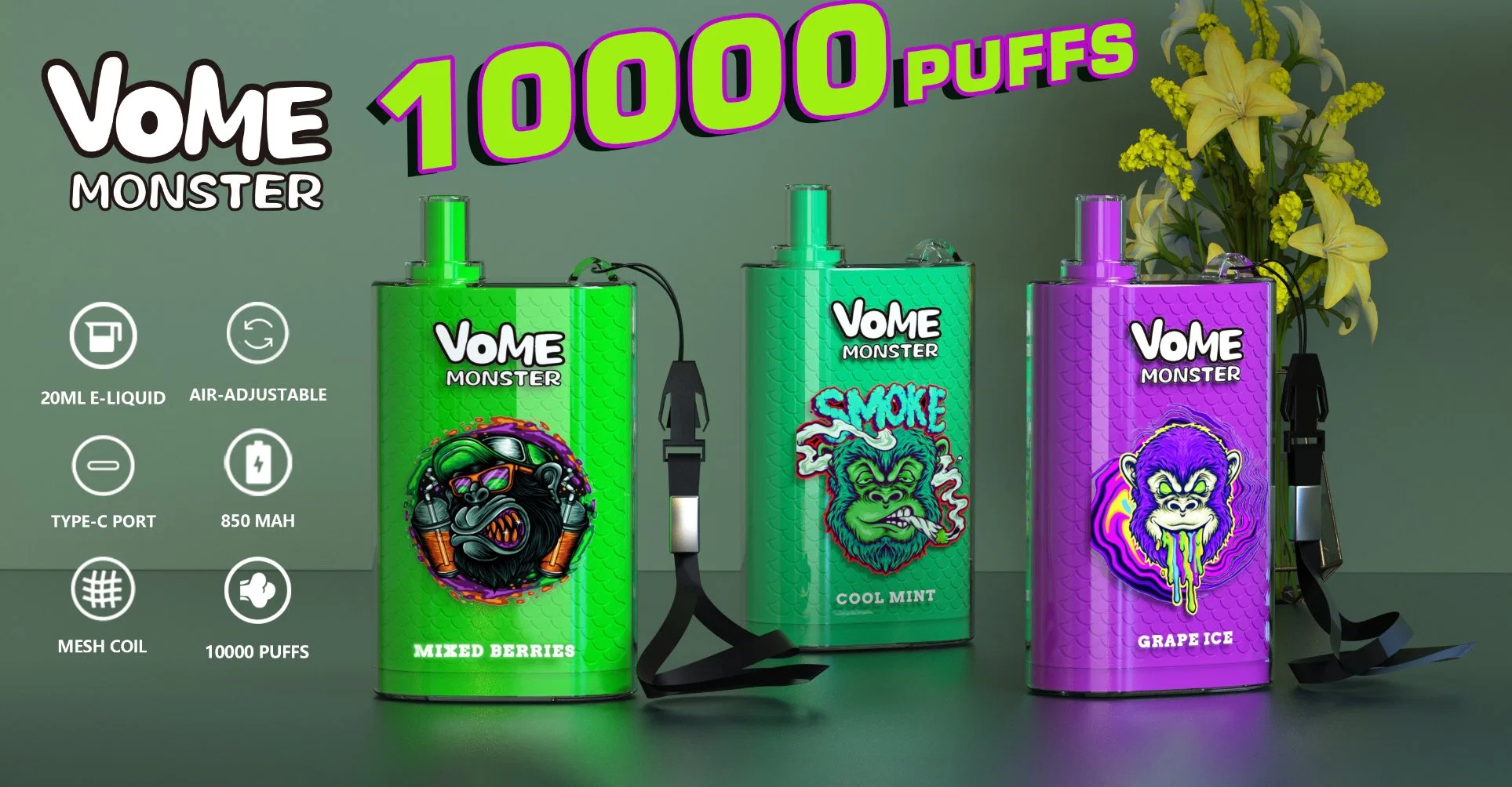 مصنع تصنيع الجملة الأصلية Vome Monster 10000 Pffs Mesh Coil علبة جهاز القرد Vape قابلة للضبط بواسطة الهواء وقابلة للاستخدام مرة واحدة