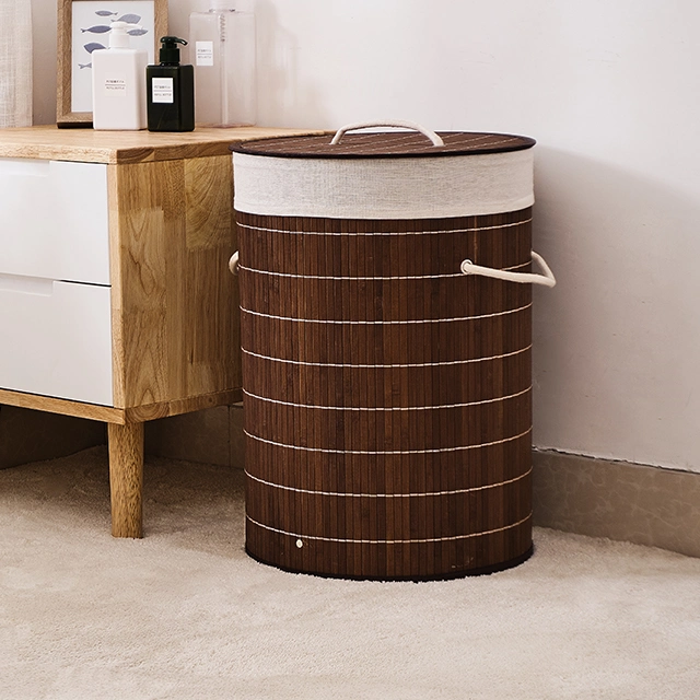 Cheap Household Using and Eco-Friendly Round Folding Bamboo Round Laundry Hamper Basket with Handle