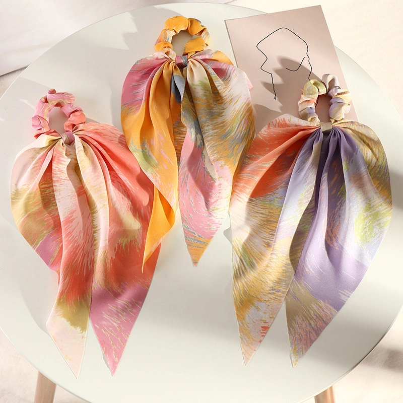 Cross-Border European and American Girls Diamond Retro Fabric Silk Scarf Headband Ponytail Hair Accessories