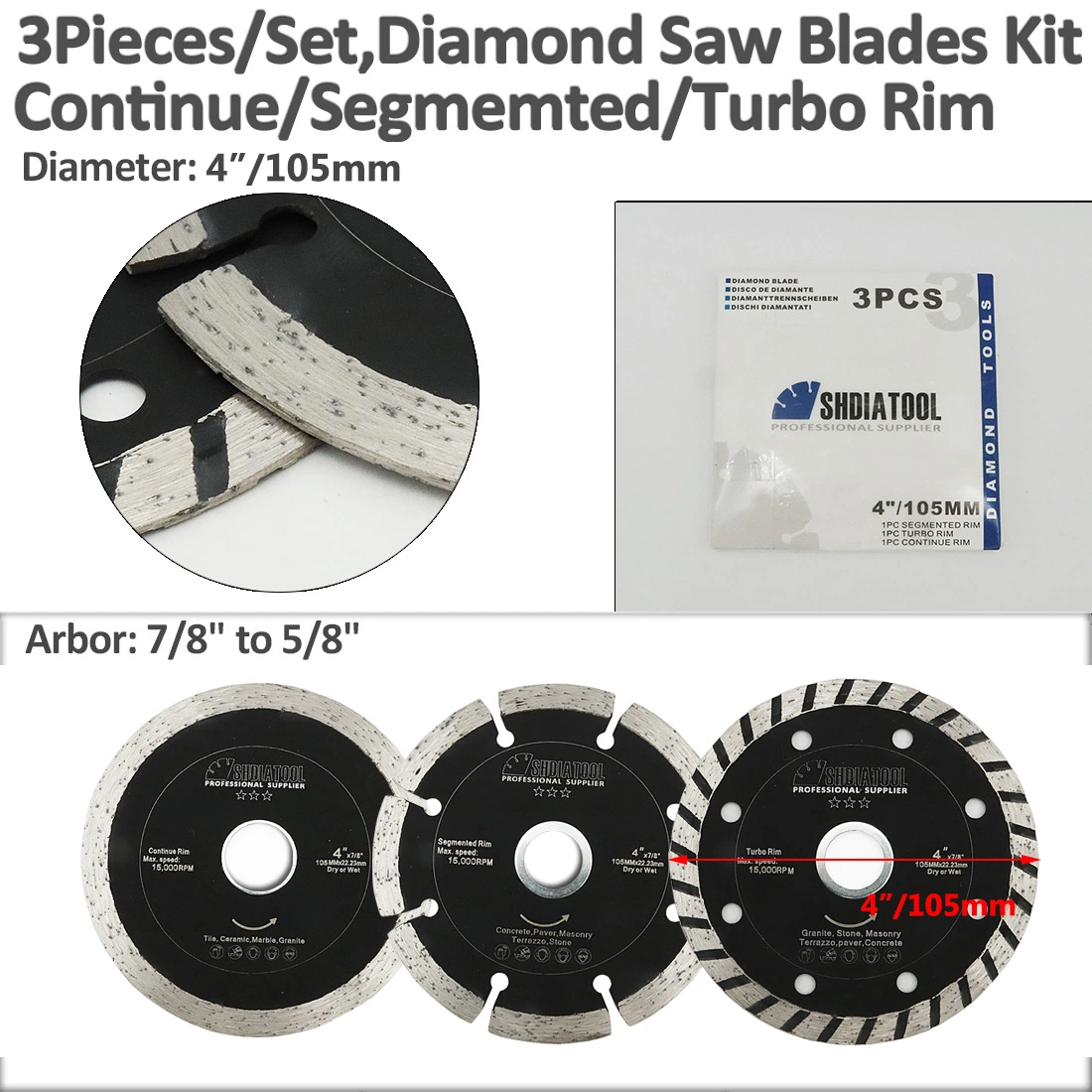 3pieces/Set Diamant-Sägeblätter-Kit Weiter/segmentiert/Turbo-Felge