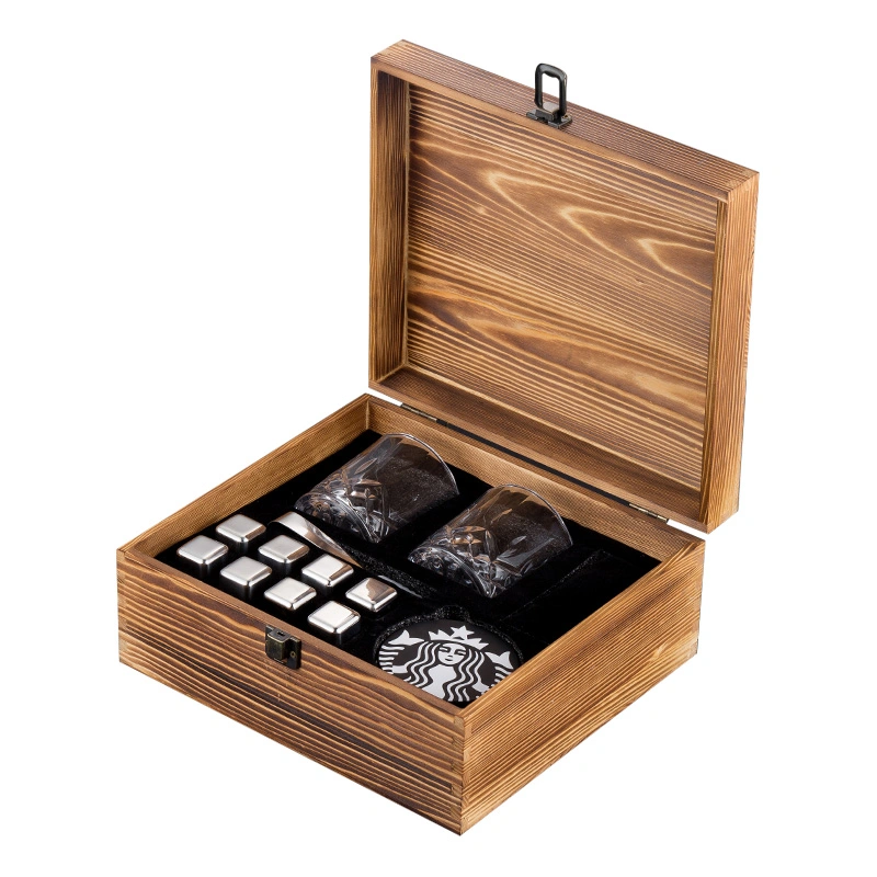 Wood Box Stainless Steel Reusable Ice Cube Chilling Stone and Glass Set with Whiskey Stones Set