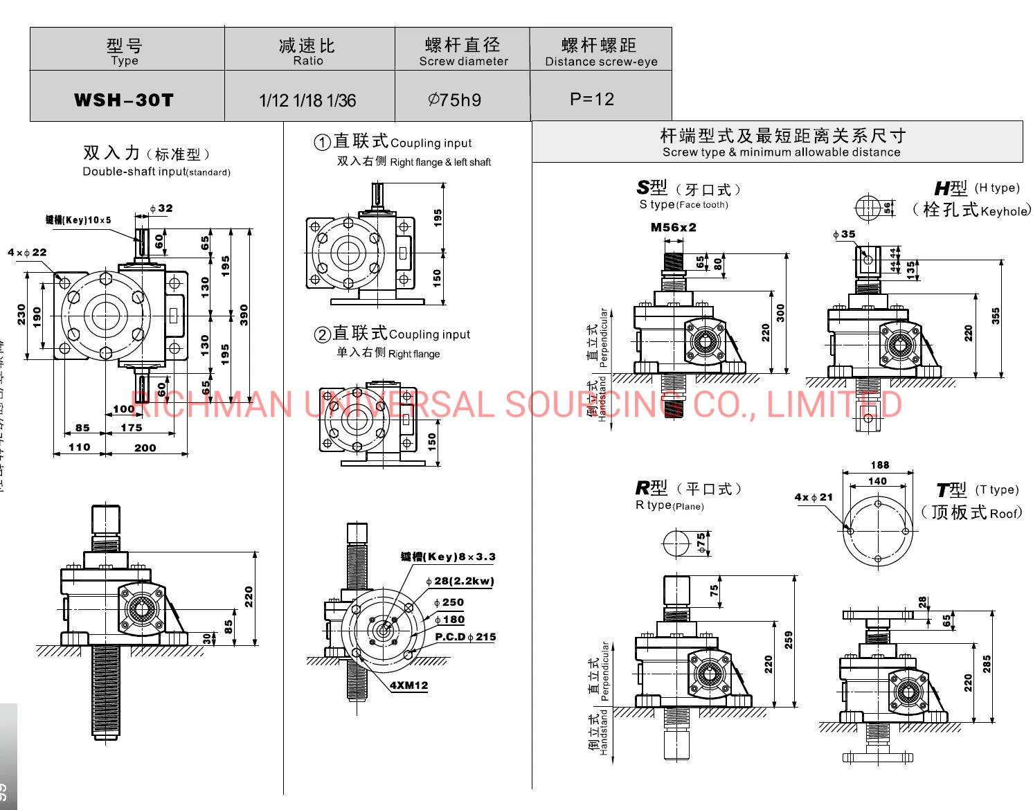 Wsh 2t-100t tipo de transmisión de potencia Gato de tornillo sinfín