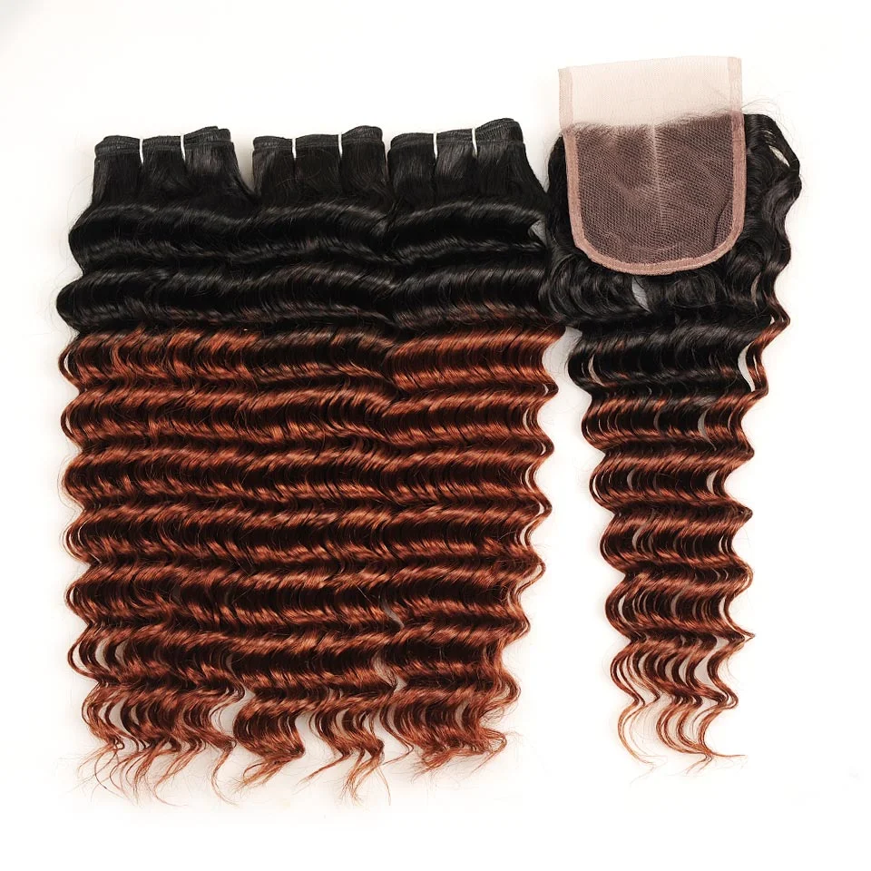 Ombre Brazilian Deep Wave 3 Bundles with Closure 1b 33 Human Hair Weave with Closure Shine Silk Non Remy Two Tone Dark Brown