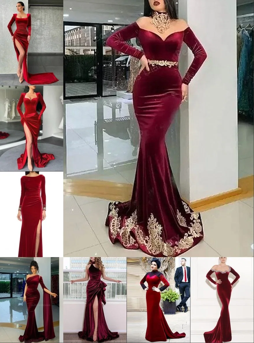 Vestidos de noche de terciopelo rojo con mangas largas, encaje y adornos de cuentas. Vestidos de fiesta y baile H2330.