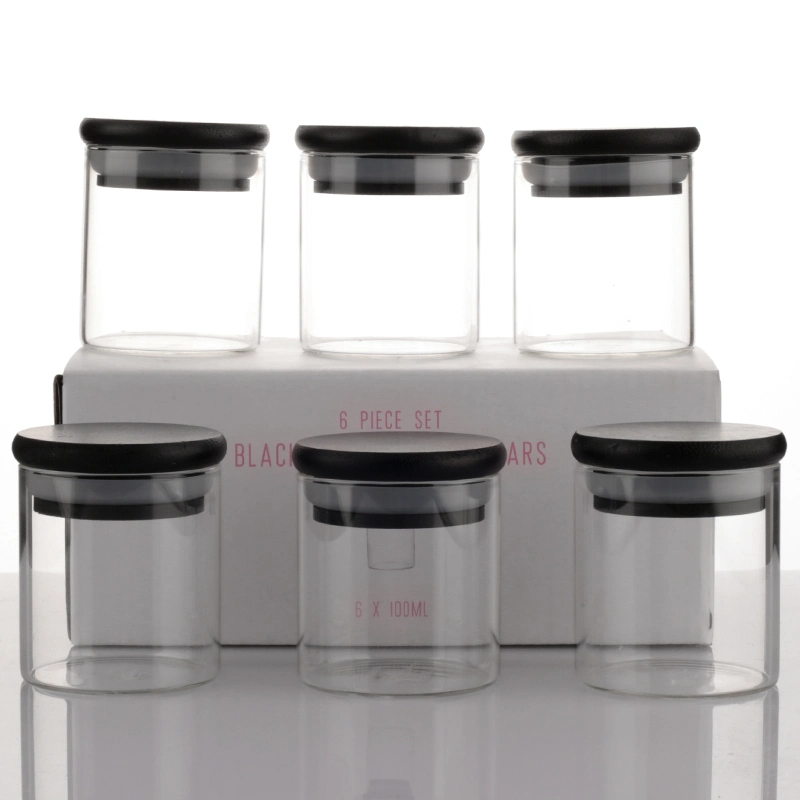 Custom High Borosilicate 100ml Small Glass Sugar Salt Spice Storage Jars Set with Black Bamboo Airtight Lids