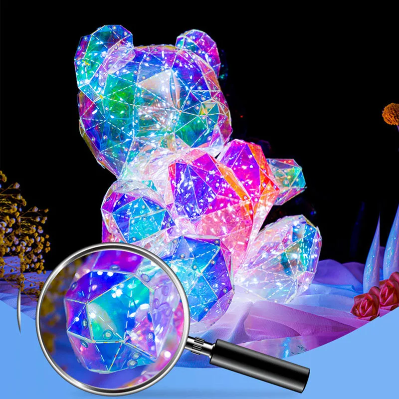 Valentines Day Gift LED Light with Red Pink Heart Bear Holographic PVC Foil Film Rainbow USB Charge 30cm Teddy Bear