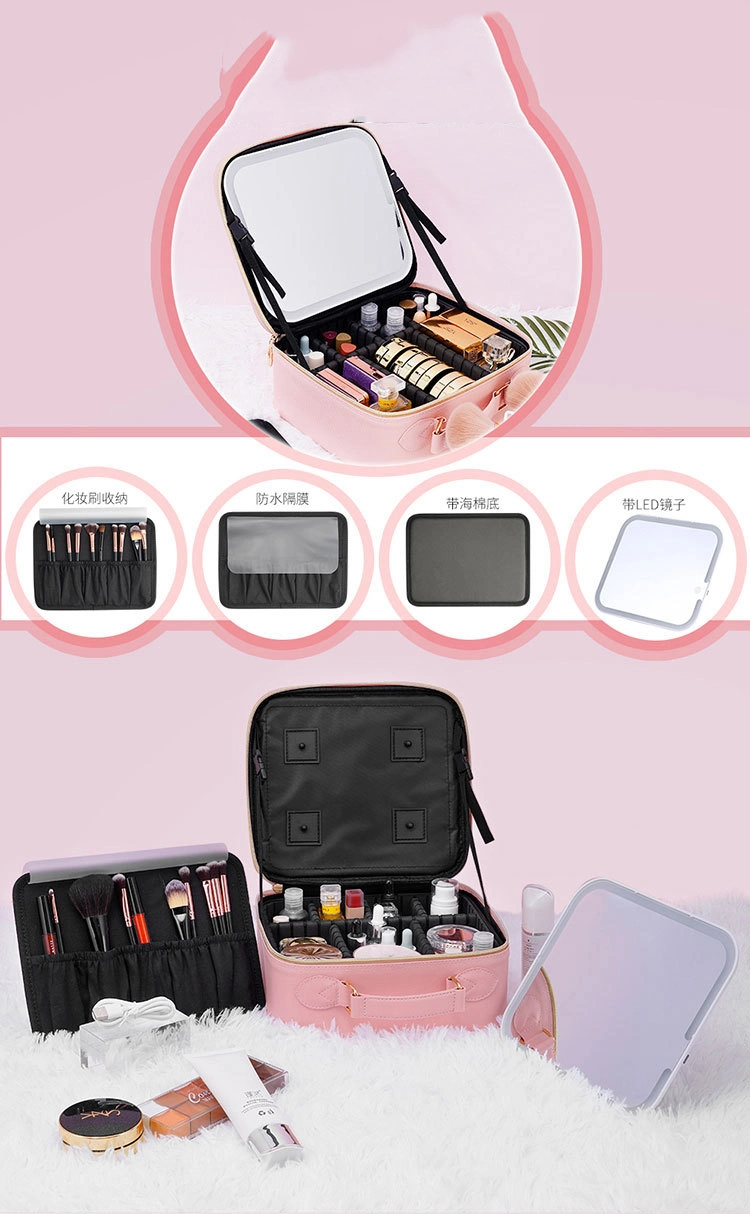 2023 LED Makeup Bag with Mirror for Women with Compartments Large Capacity Waterproof PU Leather Travel Cosmetic Case
