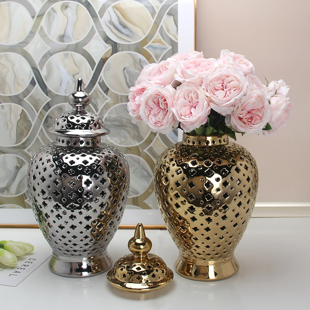 J126g Nordic Ceramic Dry Flower Arrangement Porcelain Hollow out Vase Gold Ginger Jar Luxury Home Decor