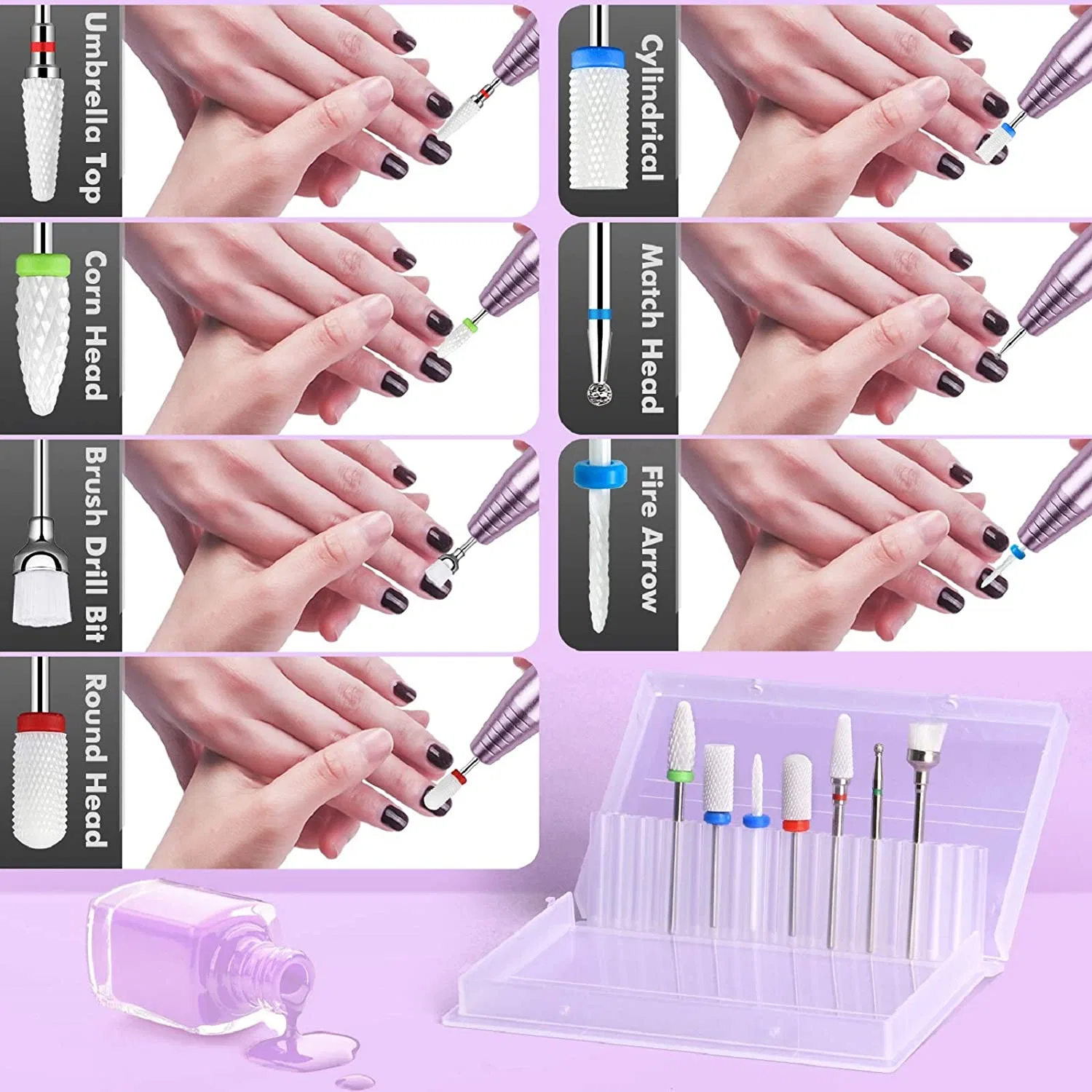 Ceramic Nail Drill Bits Set 7PCS 3/32 Inch Diamond Carbide Nail Drill Bit for Remove Acrylic Gel Nails Cuticle Manicure Pedicure