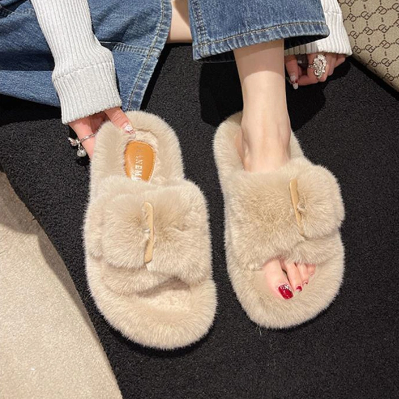 الخريف الشتوي المنزل الشباشب الخارجية الوثيرة Flops faux Fur السميكة أحذية قطنية