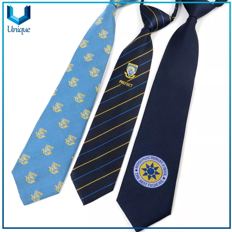 Cheap Imitated Silk Promotional Gift Tie, School Logo Customed Design Necktie, Jacquard Stripe Novelty Tie