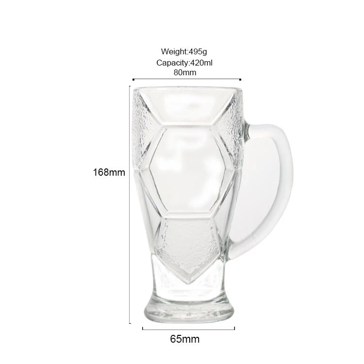 Customized 420ml World Cup Shape Transparent Glass Beer Mugs with Handle