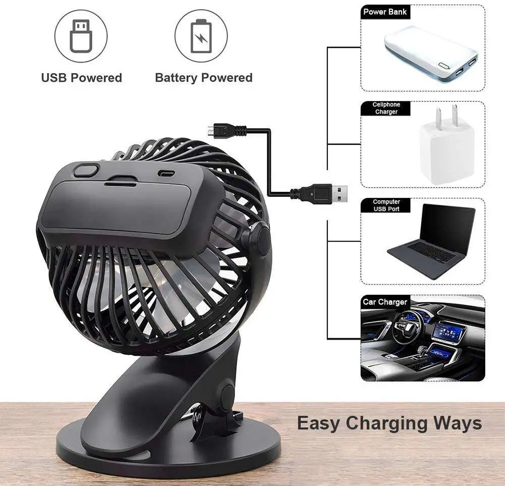 3 Speed Mini Clip Personal Quiet Electric 4 Inch USB Desk Fan