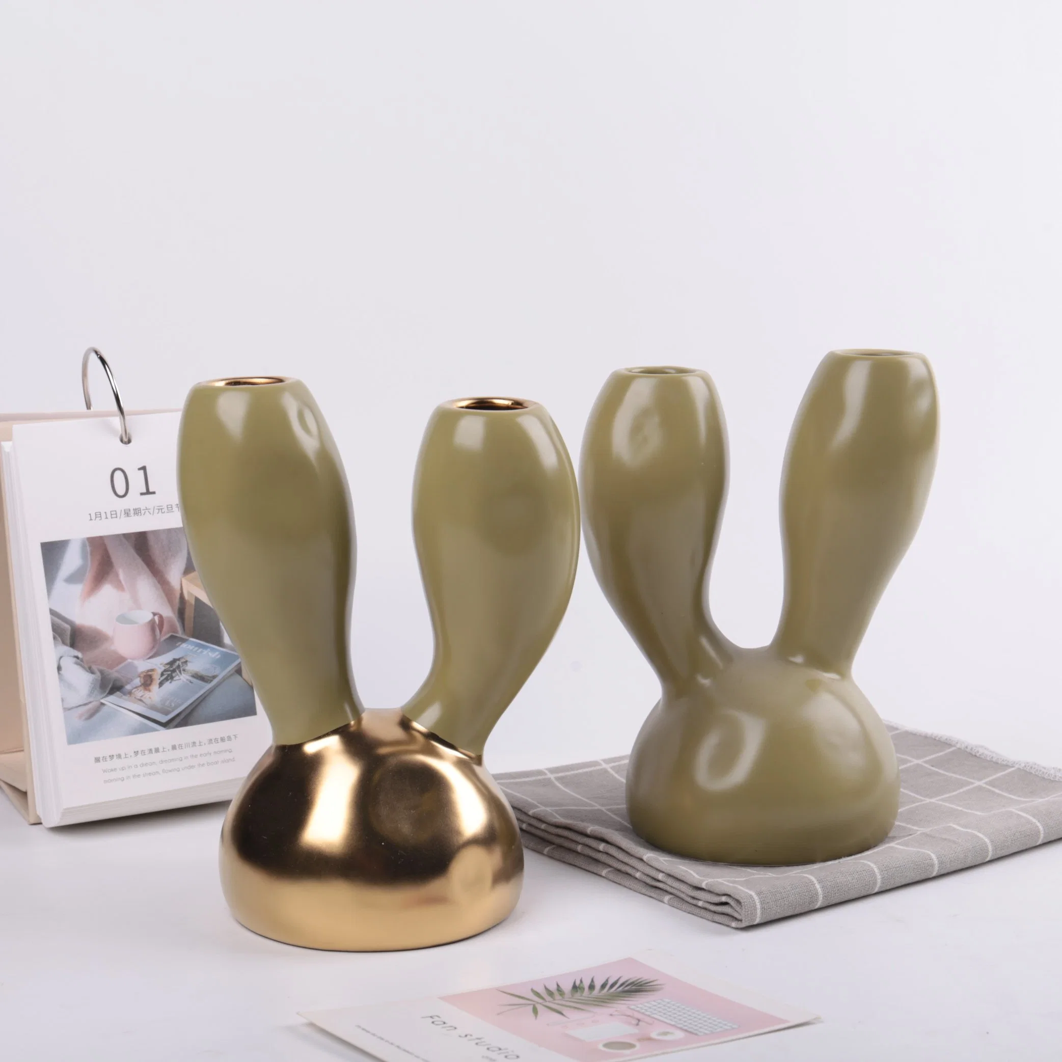 Wholesale/Supplier Home Restaurant Candle Stand Ceramic Green Matte Candle Holders