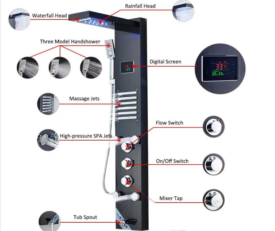 LED Digital Black Body Jets Button Glass Shower Panel with Temperature Control