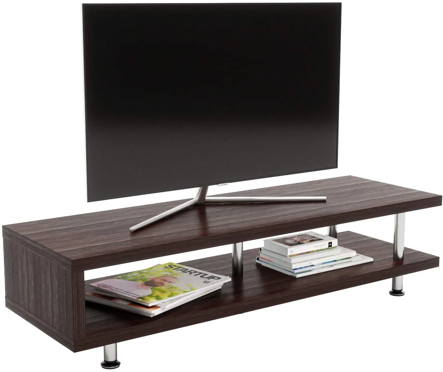 Kurzer TV-Ständer mit 2-Regal Lagerung, 47inch Medienmöbel Holz Aufbewahrungskonsole mit Stahlrahmen, Hollow Core Entertainment Center/Couchtisch