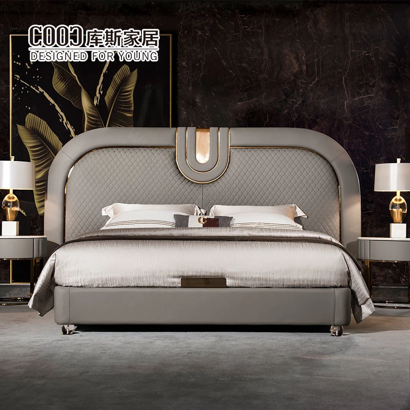 Muebles de dormitorio de lujo modernos de cuero doble de terciopelo tapizado en tamaño Queen King para habitación de hotel.