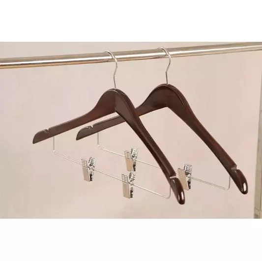 Wood Curved Hangers: Solid Wooden Top Garment Hangers of Dark Cherry Finish with Metal Trousers Clips for Adult Clothes Display