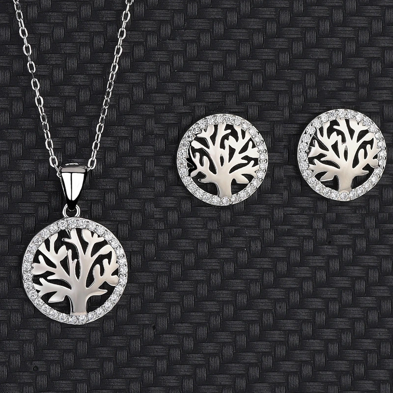 925 Sterling Silver Simple Glossy Tree of Life Earrings Necklace Jewelry Set