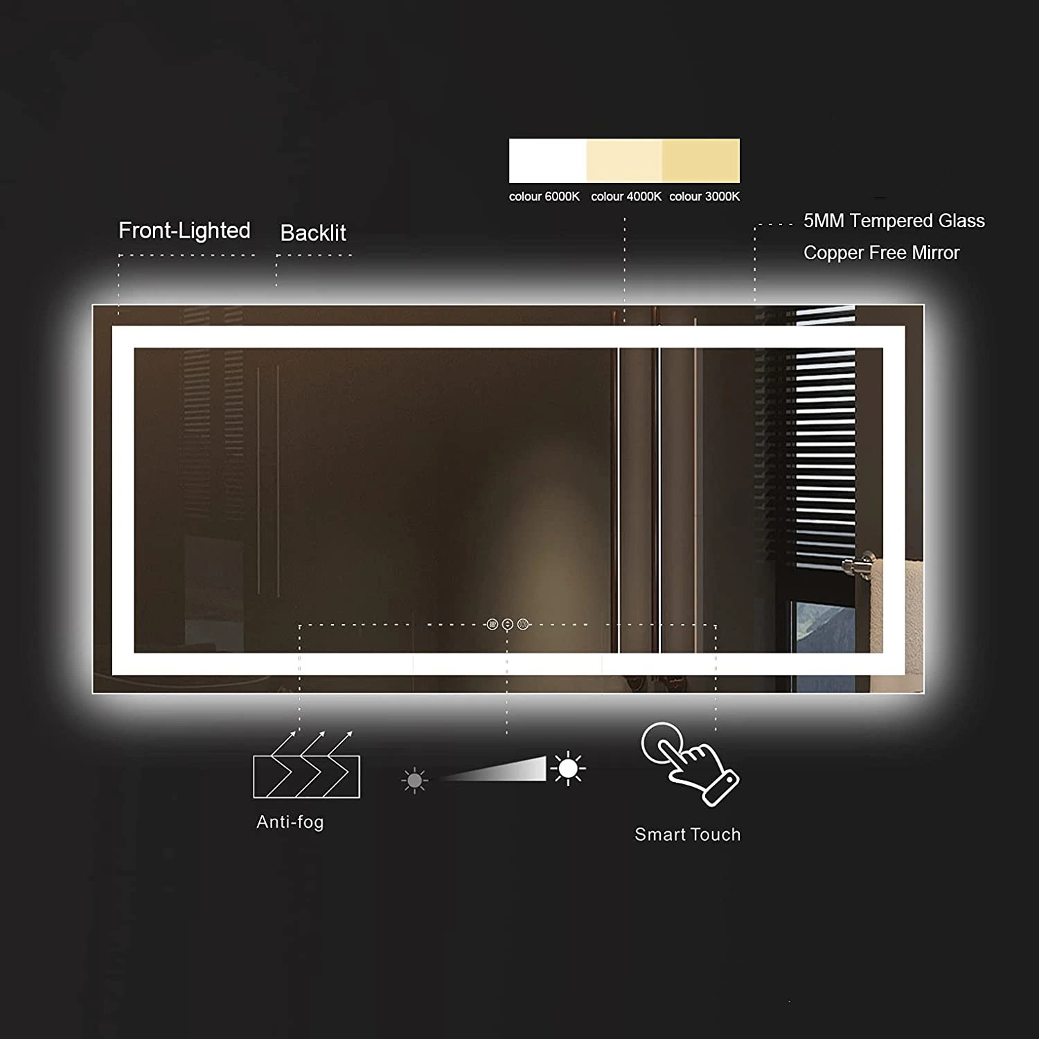 Décoration d'intérieur Miroir LED rectangulaire mural pour salle de bains avec fonction Bluetooth, tactile, à intensité variable et anti-buée.