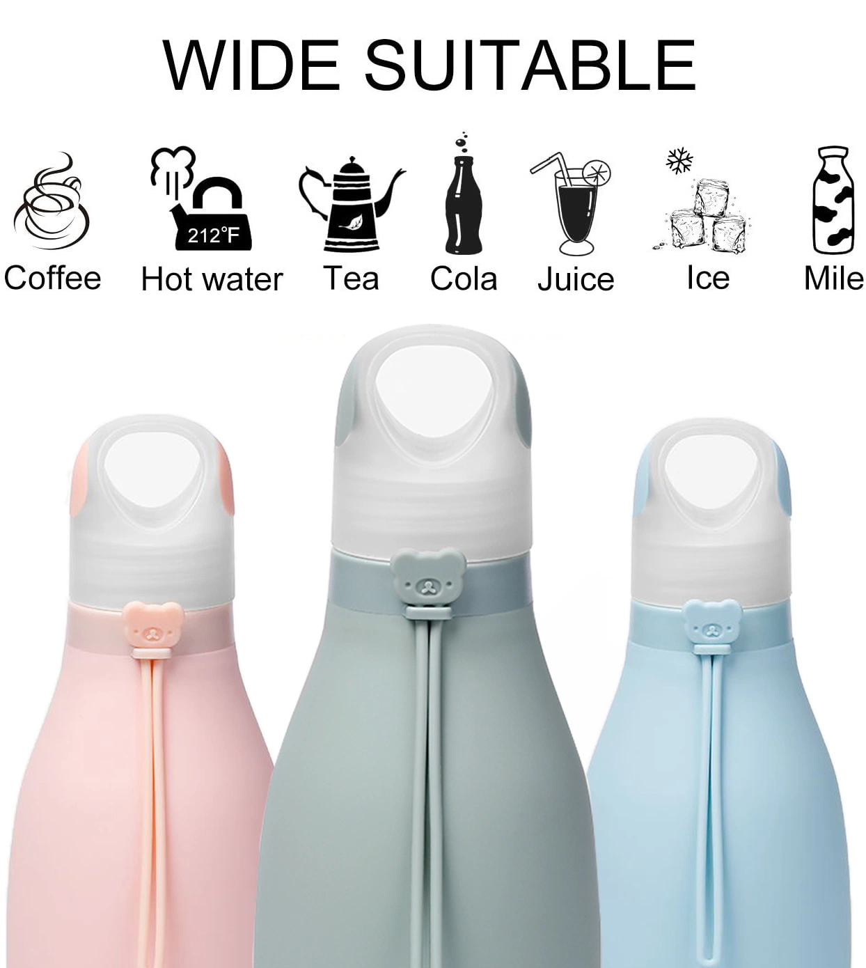 Frasco de silicone dobrável e à prova de fugas sem BPA para exterior com Mosquetão de 500 ml