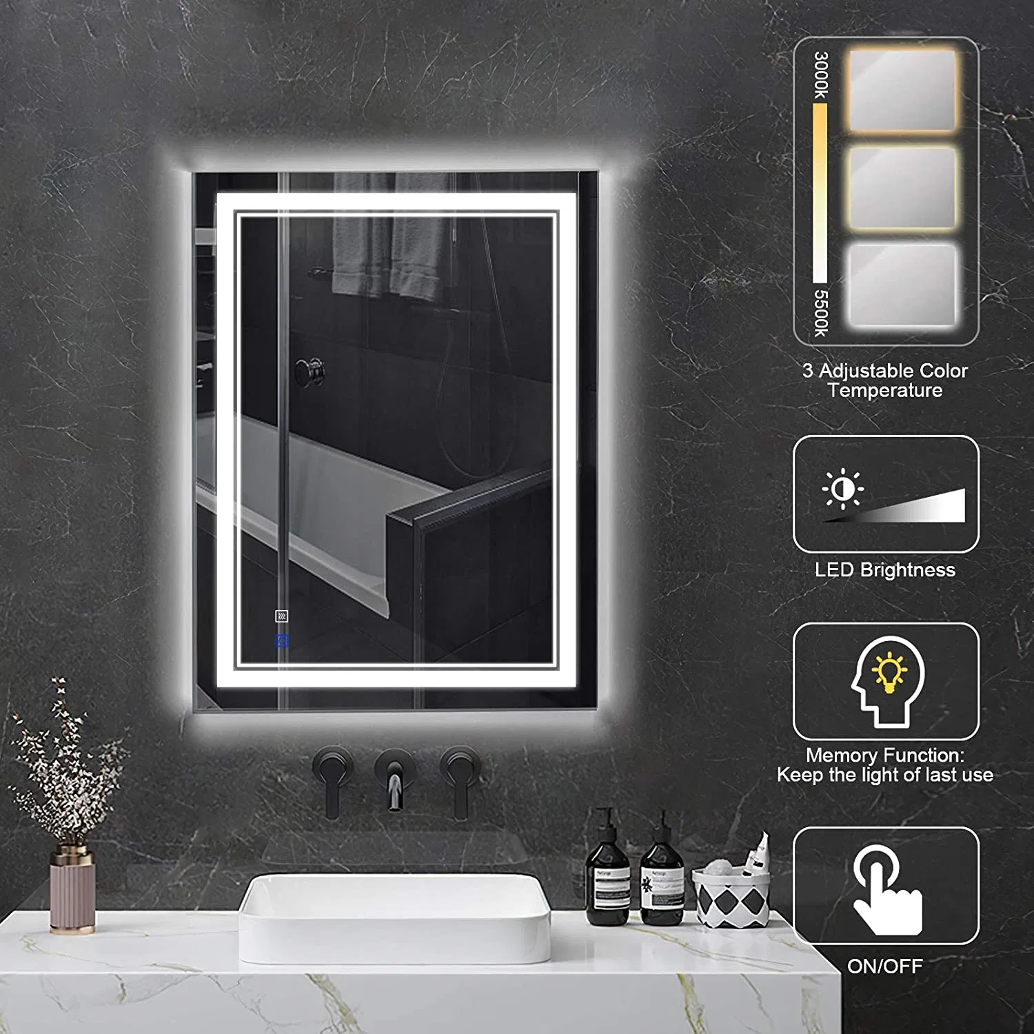 Frameless Wall Mounted Bathroom LED Mirror for Home Decoration with Dimmer Defogger CCT Backlit Frontlit