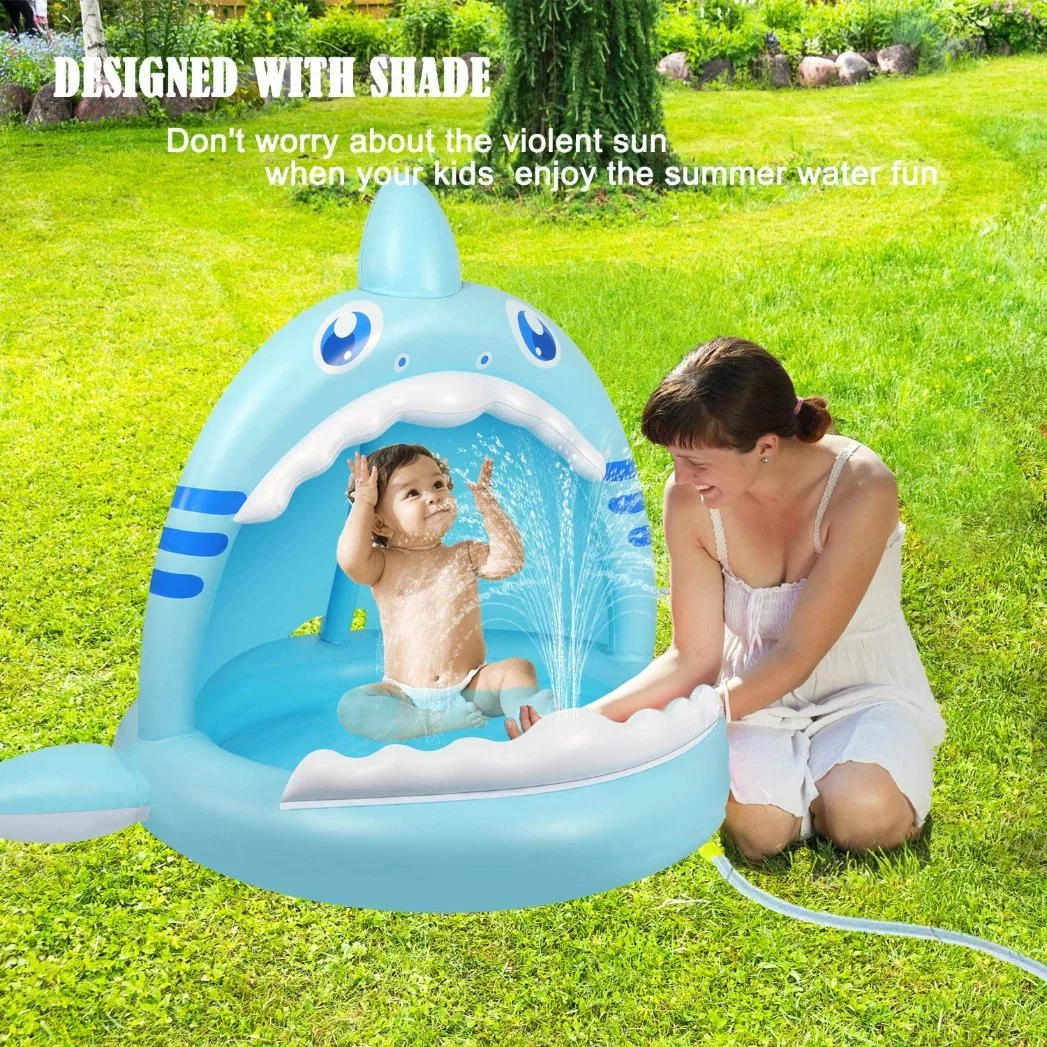 Shark Splash Toddlers Swimming Pool with Canopy Portable Inflatable Kiddie Paddling Pool with Water Sprinkler