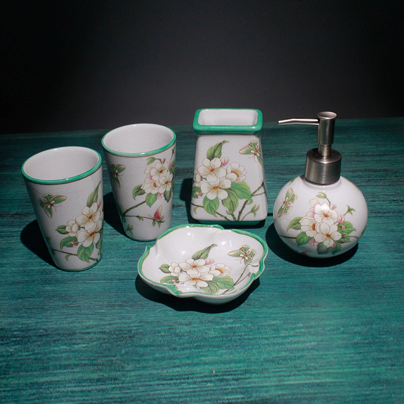 Br015-5 Elegant Porcelain Lotion Bottle Pump Bath Soap Set Wholesale Colorful Ceramic Bathroom Accessory Set