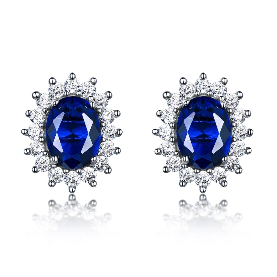Luxury Genuine 925 Sterling Silver Earrings for Women Blue Sapphire Diana Wedding Party Jewelry