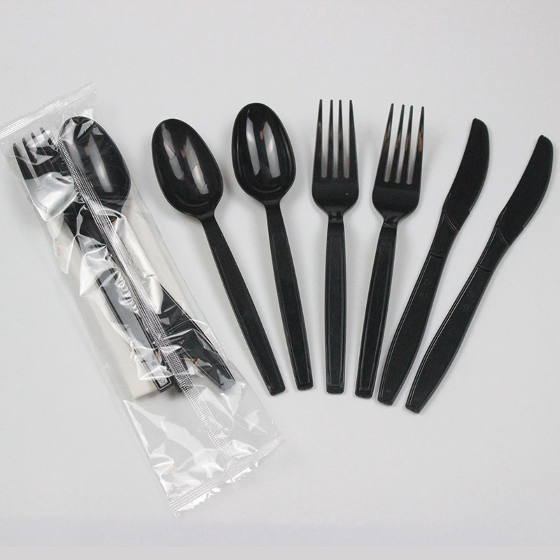 La coutellerie en plastique jetables Set PS Cuillère Couteau de fourche ensemble noir avec des plats à emporter