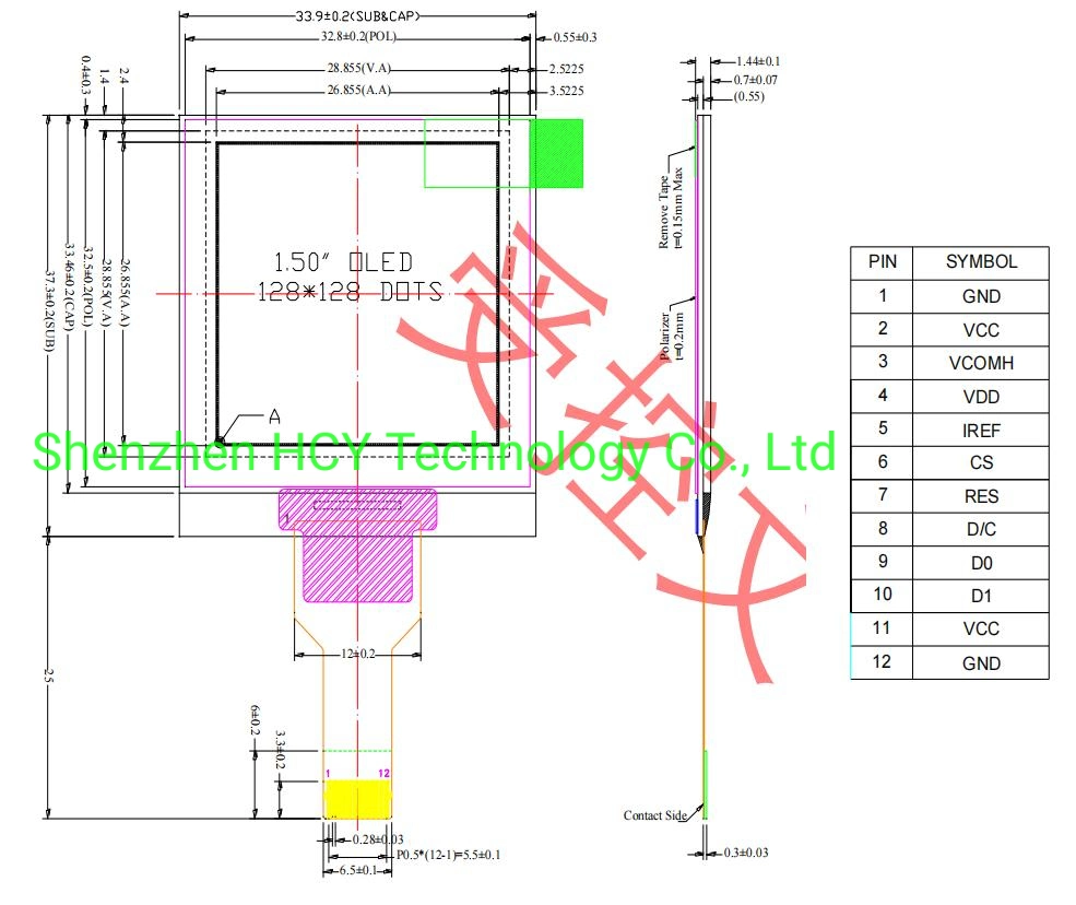 Pm-OLED Display: 1.5-Inch 128X128 White, Wide Temperature Range for Medical, Handheld Devices