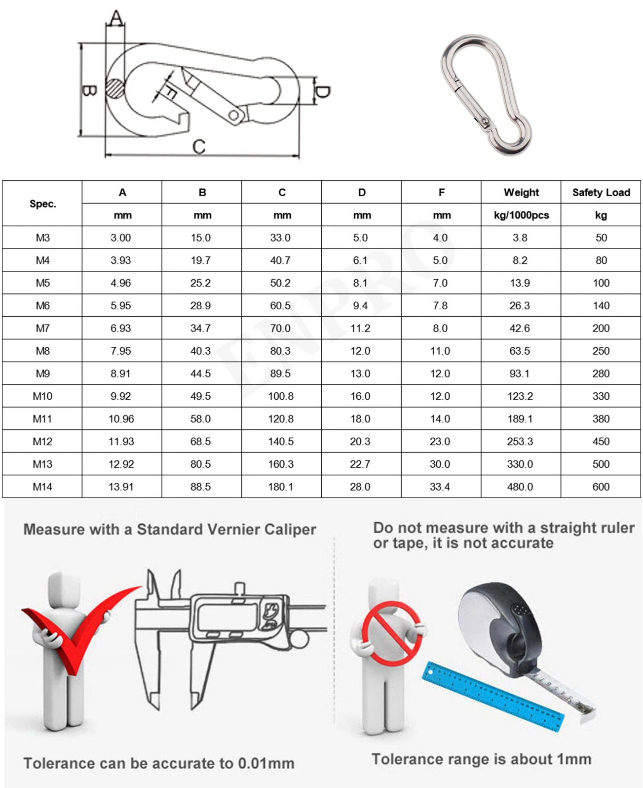 Enpro High quality/High cost performance Good Price Stainless Steel Spring Snap Carabiner Hook for Bag Metal Snap Hook